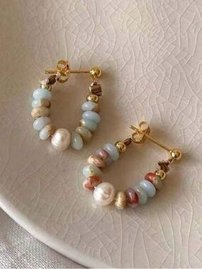 Boho Natural Gemstone & Freshwater Pearl Hoop Earrings | 18k Gold Plated